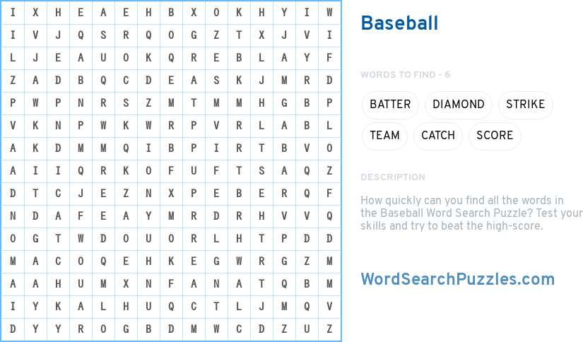 Baseball Word Search Puzzle - WordSearchPuzzles.com